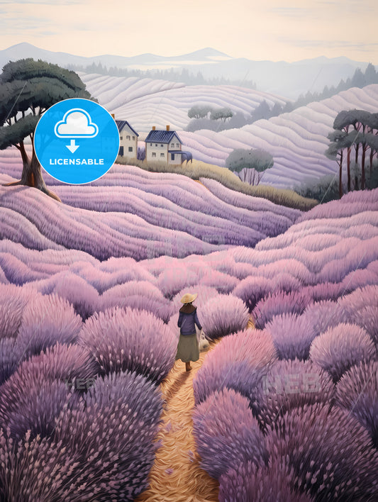 A Woman Walking In A Field Of Lavender