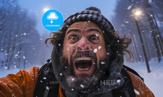 A Man With His Mouth Open And Snow Falling