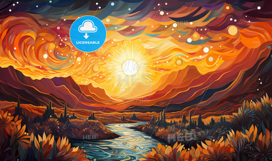 A River Running Through A Valley With Mountains And Sun