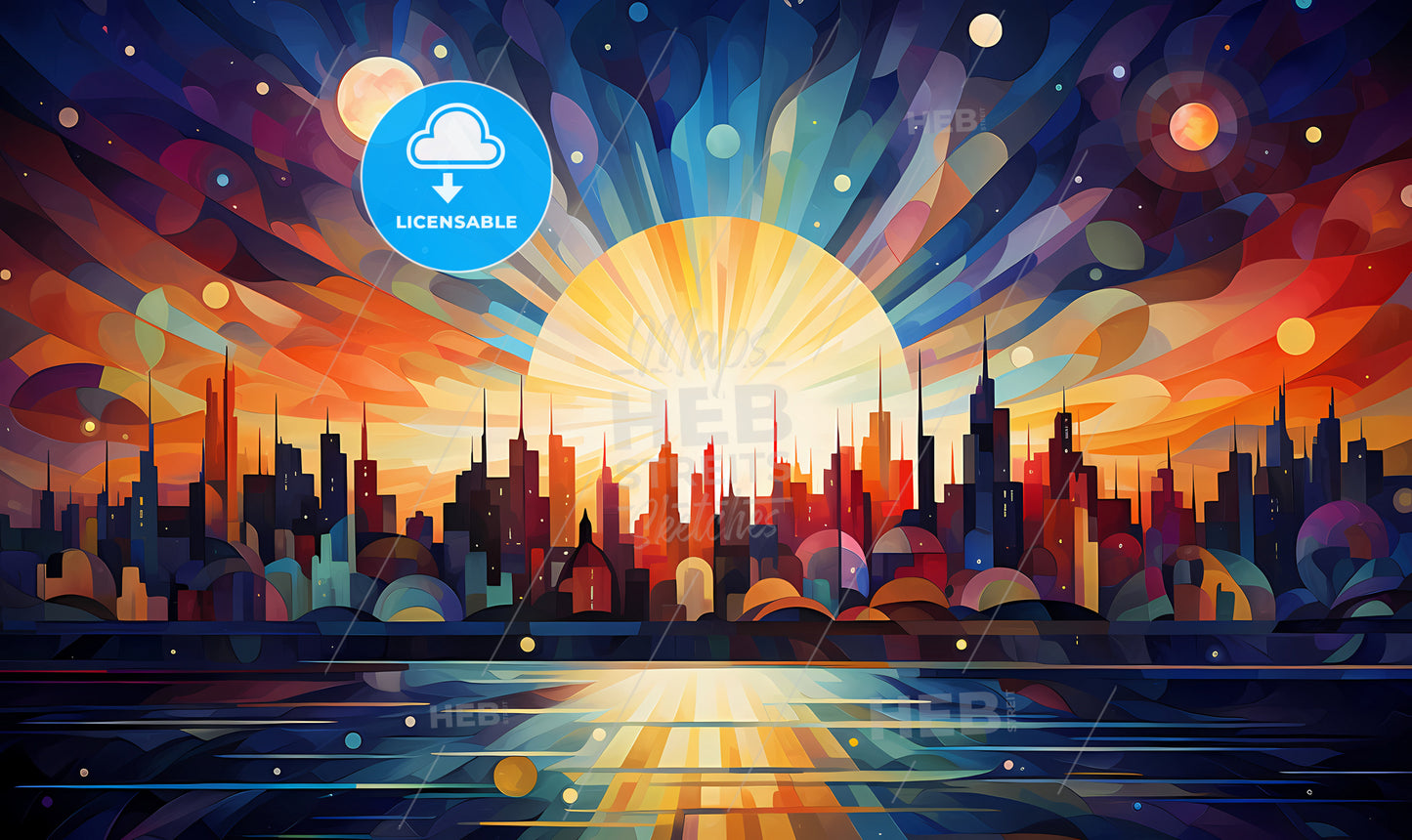 A Colorful Cityscape With Sun And Water