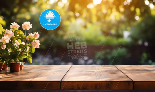 A Wooden Table With Flowers In Front Of A Blurry Background