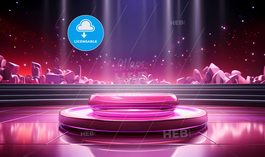 A Pink Round Platform With Lights And Rocks In The Background