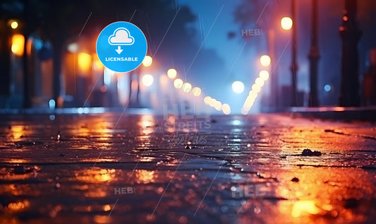 A Wet Sidewalk With Lights On It