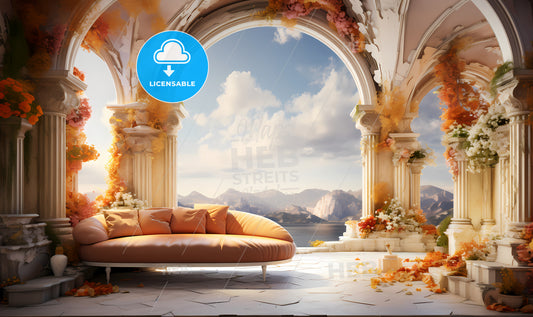 A Couch In An Arch With Flowers And Mountains In The Background