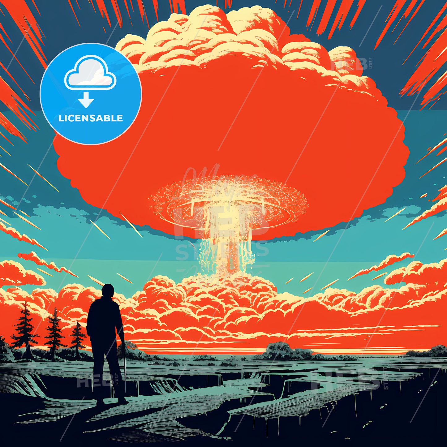 A Man Standing In A Field With A Large Mushroom Cloud In The Sky