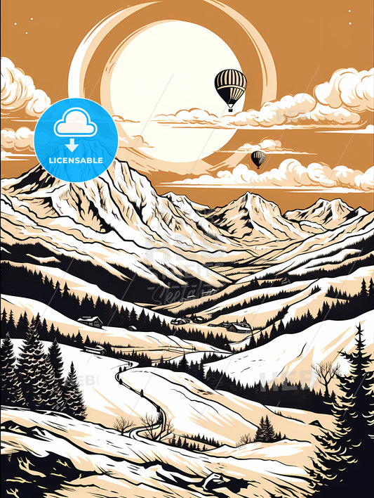 A Landscape With Mountains And Hot Air Balloons