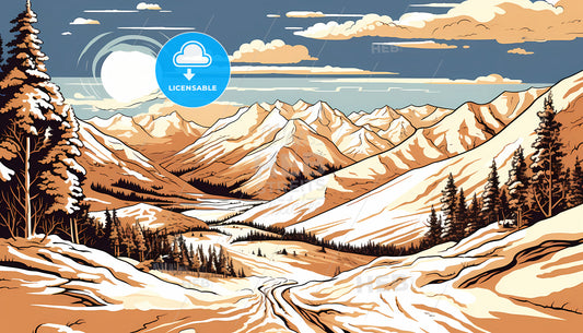 A Landscape Of Mountains With Trees And Snow
