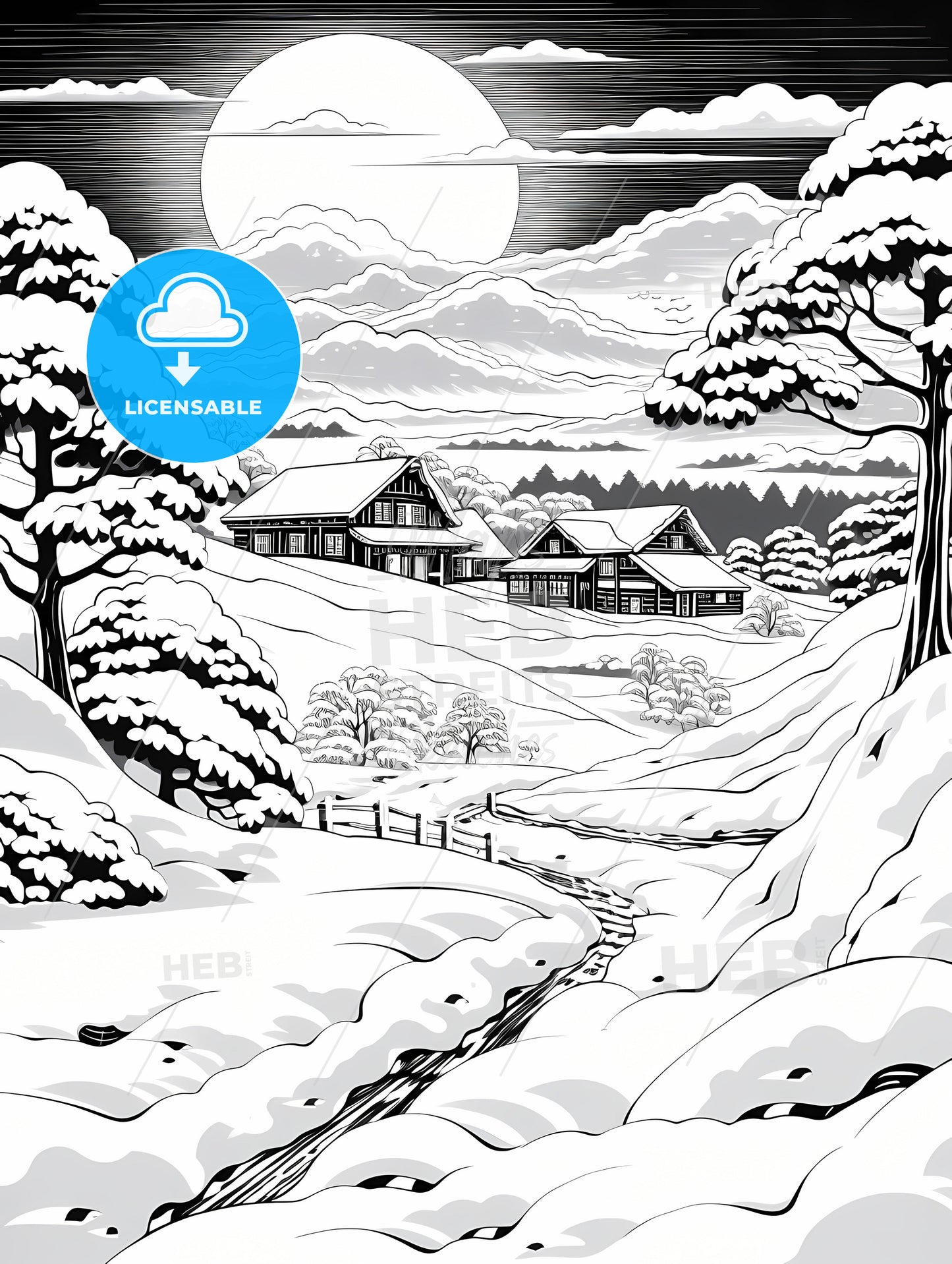 A Black And White Drawing Of Houses In A Snowy Landscape