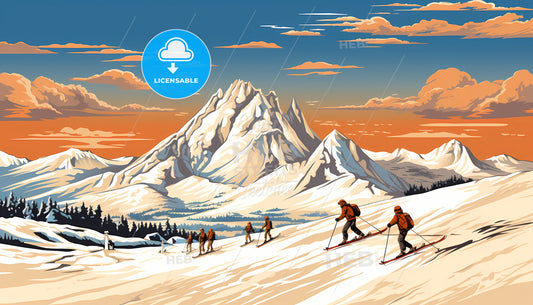 A Group Of People Skiing Down A Snowy Mountain