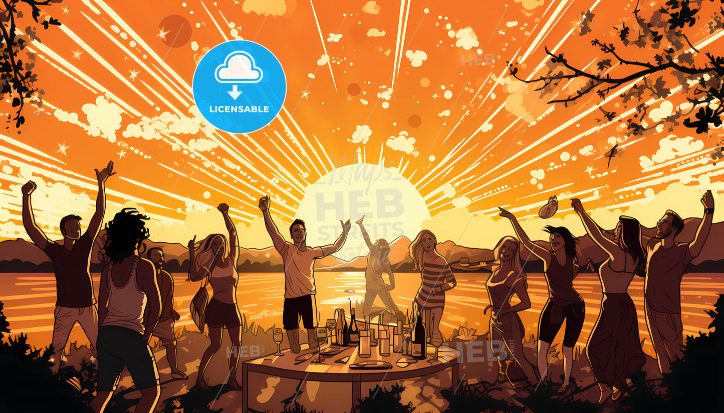 A Group Of People Dancing At A Table With Drinks And A Sunset Behind
