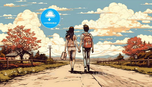 A Man And Woman Holding Hands Walking Down A Road