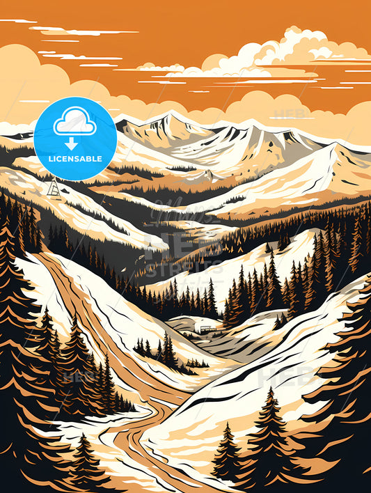 A Mountain Landscape With Trees And A Road