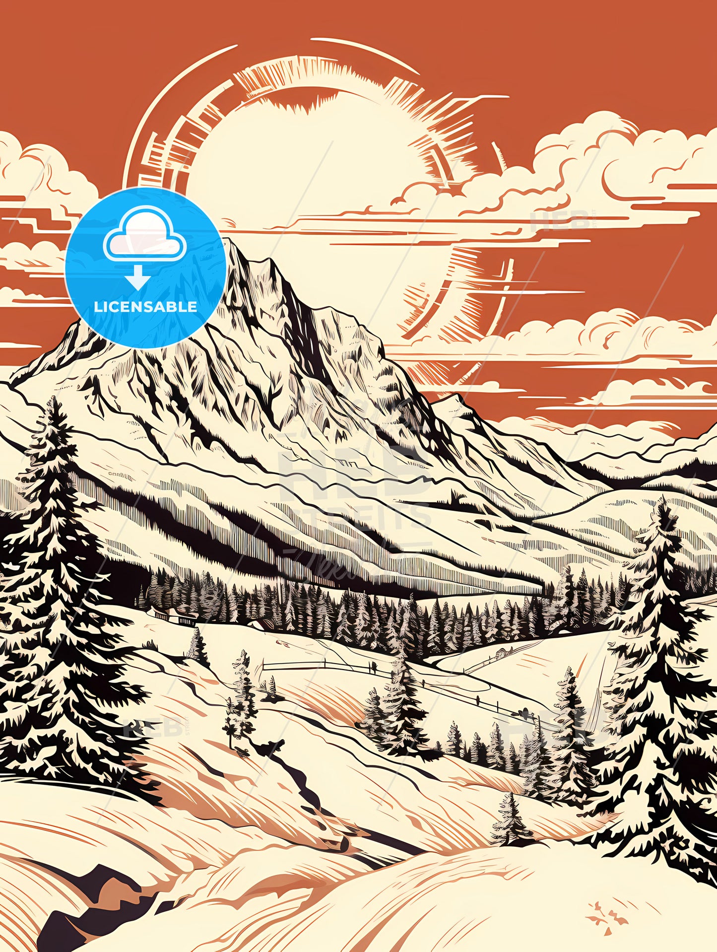 A Mountain With Trees And A Sun