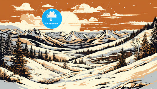 A Landscape Of A Snowy Mountain With A House And Trees