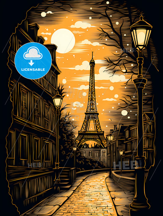 A Street With A Tower And Buildings