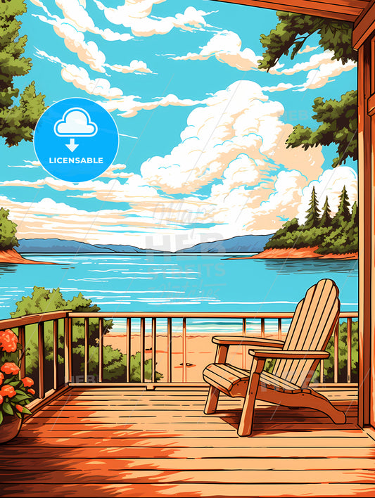 A Wood Chair On A Deck Overlooking A Body Of Water