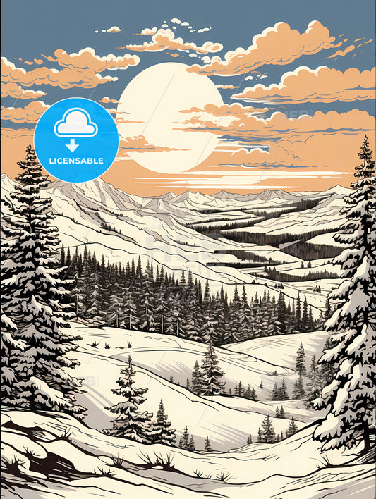 A Snowy Landscape With Trees And Mountains