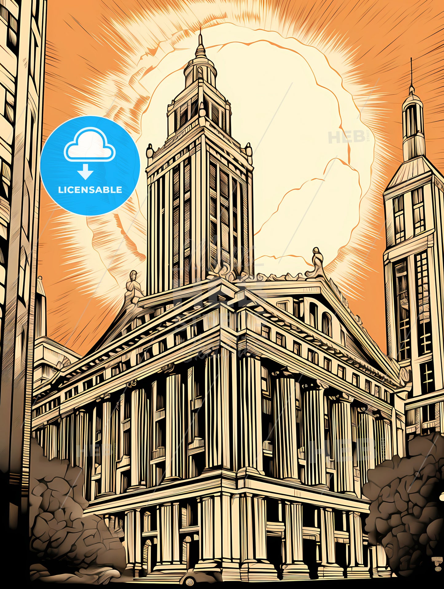 A Drawing Of A Building With A Sun Behind It