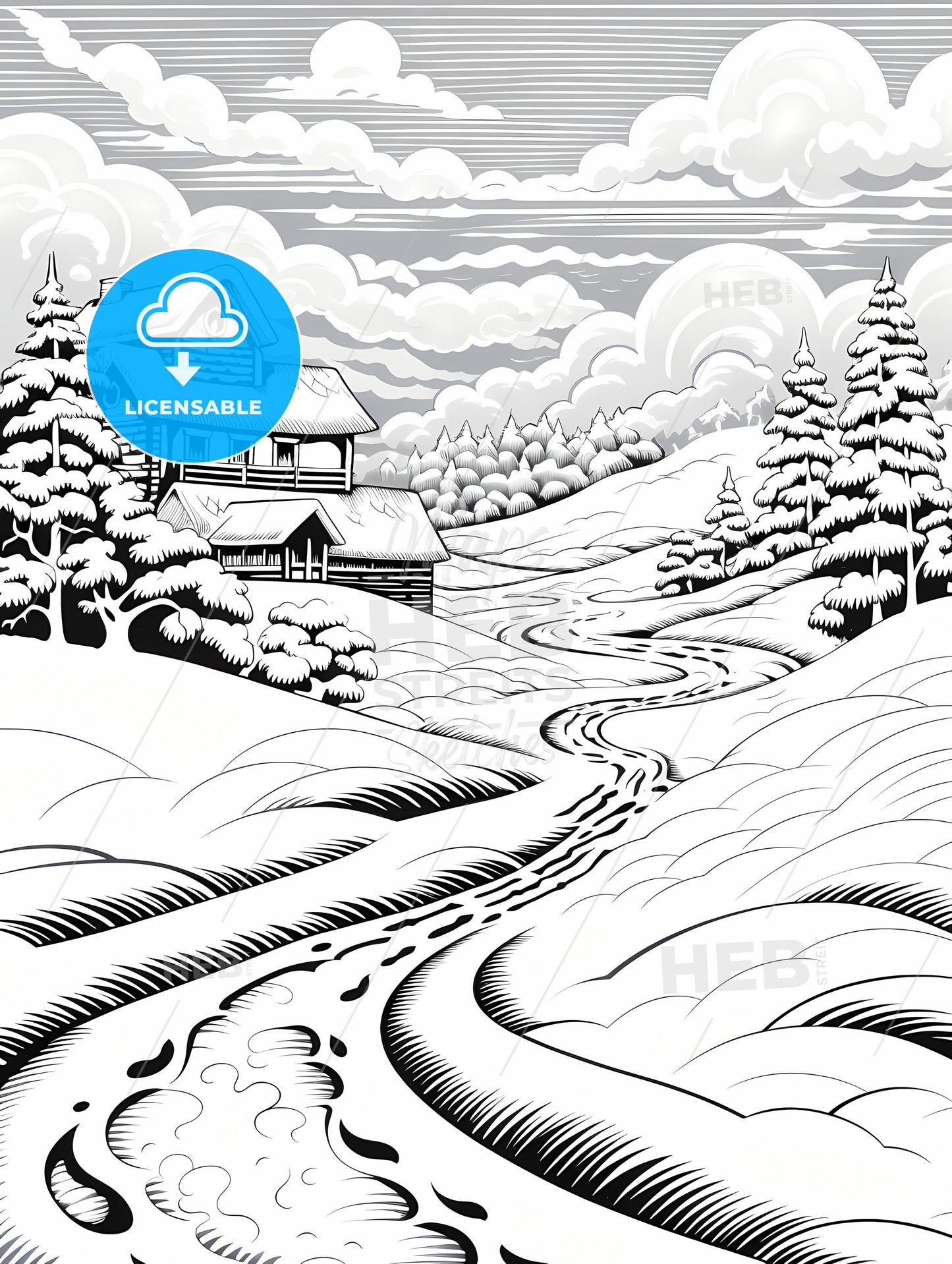 A Black And White Drawing Of A House And A Snowy Landscape