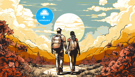 A Man And Woman Holding Hands Walking On A Path With Mountains And Sun