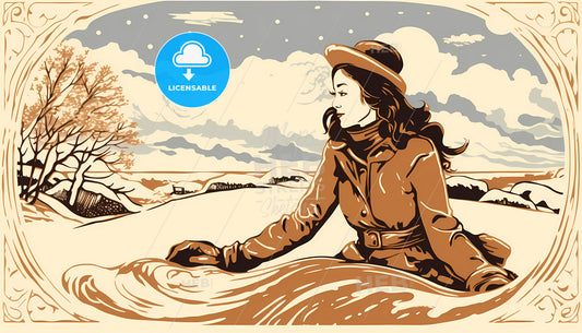 A Woman In A Hat And Coat Sitting In A Snowy Field