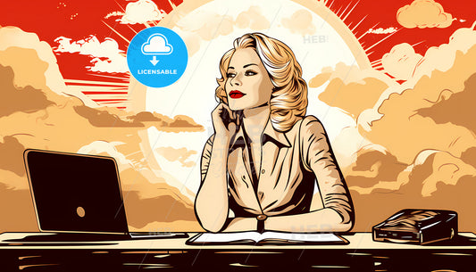 A Woman Sitting At A Desk With A Laptop And A Sun Behind Her