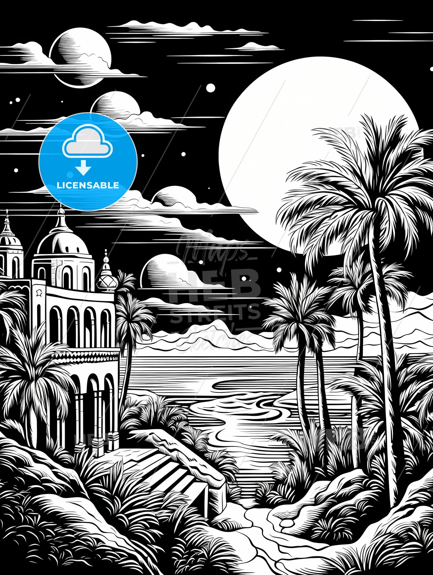 A Black And White Drawing Of A Building With Palm Trees And A Moon