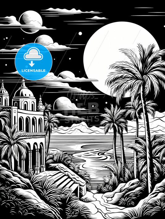 A Black And White Drawing Of A Building With Palm Trees And A Moon