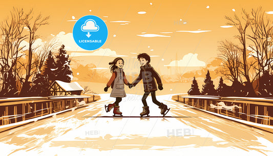 A Cartoon Of A Boy And Girl Ice Skating