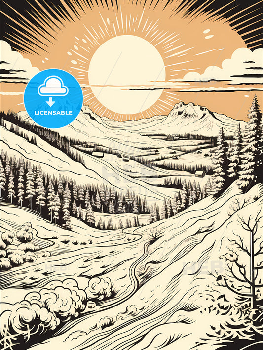 A Drawing Of A Landscape With Trees And Mountains