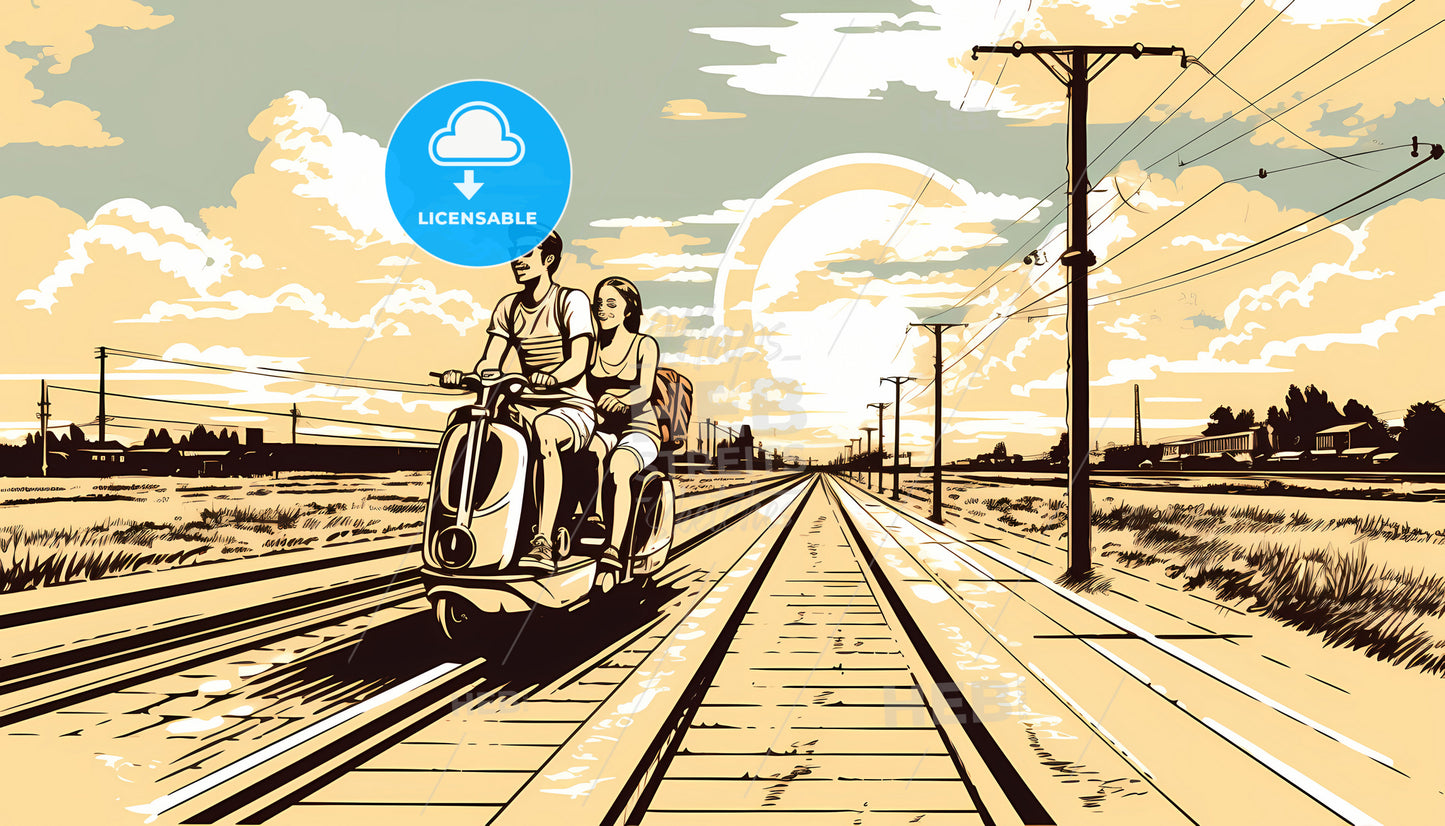 A Man And Woman Riding A Scooter On Train Tracks