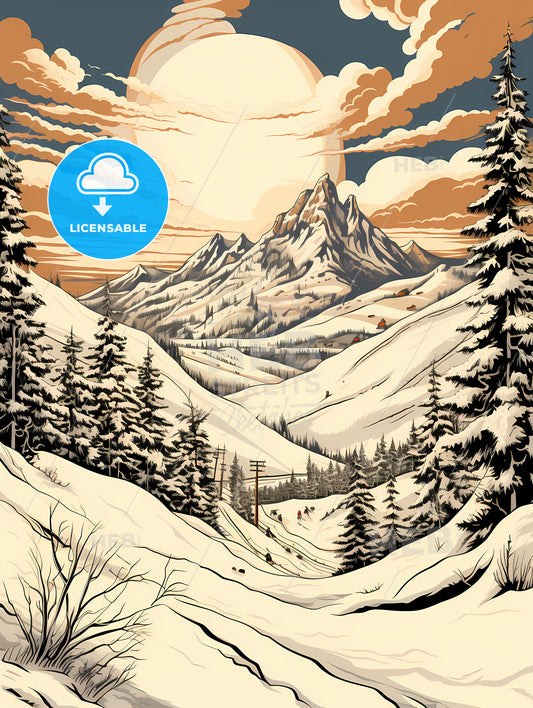 A Snowy Mountain Landscape With Trees And Mountains