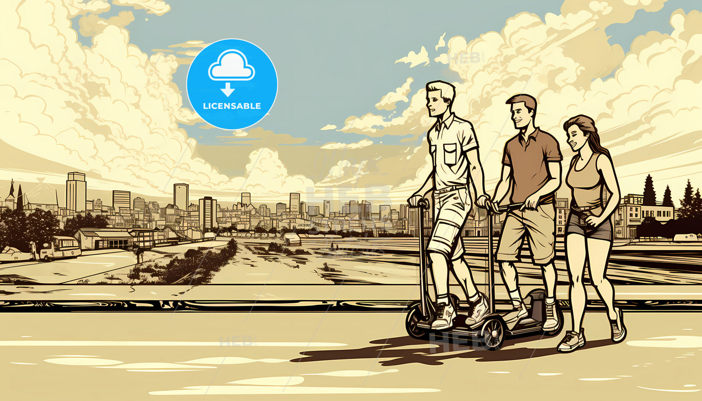 A Couple Of Men Riding Scooters On A Road With A City In The Background
