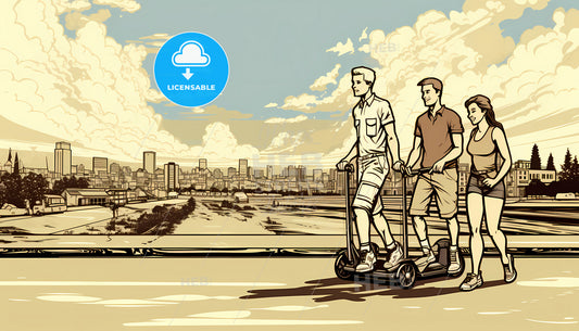 A Couple Of Men Riding Scooters On A Road With A City In The Background
