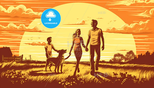 A Man And Woman Holding Hands And A Dog Walking In A Field