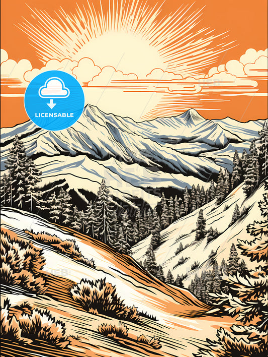 A Painting Of Mountains And Trees