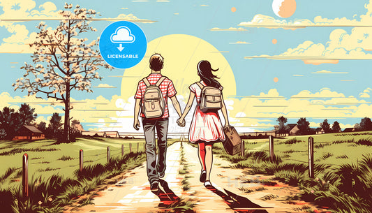 A Man And Woman Holding Hands Walking On A Road