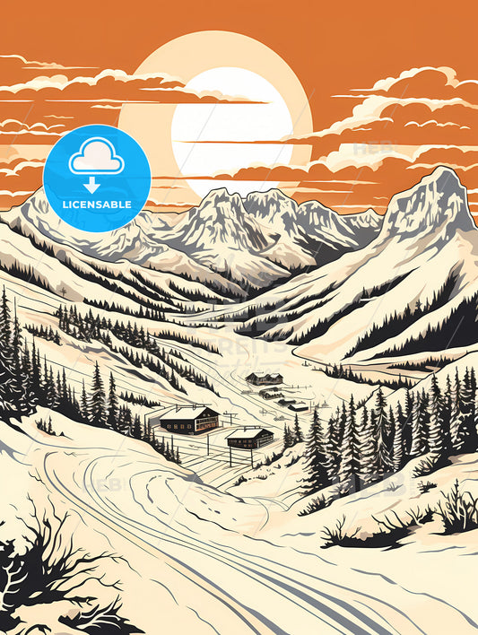 A Mountain Landscape With A House And Trees