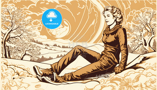 A Woman Sitting On A Snowboard