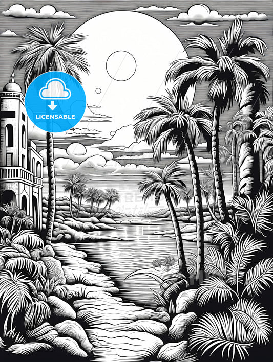 A Black And White Drawing Of A Tropical Landscape
