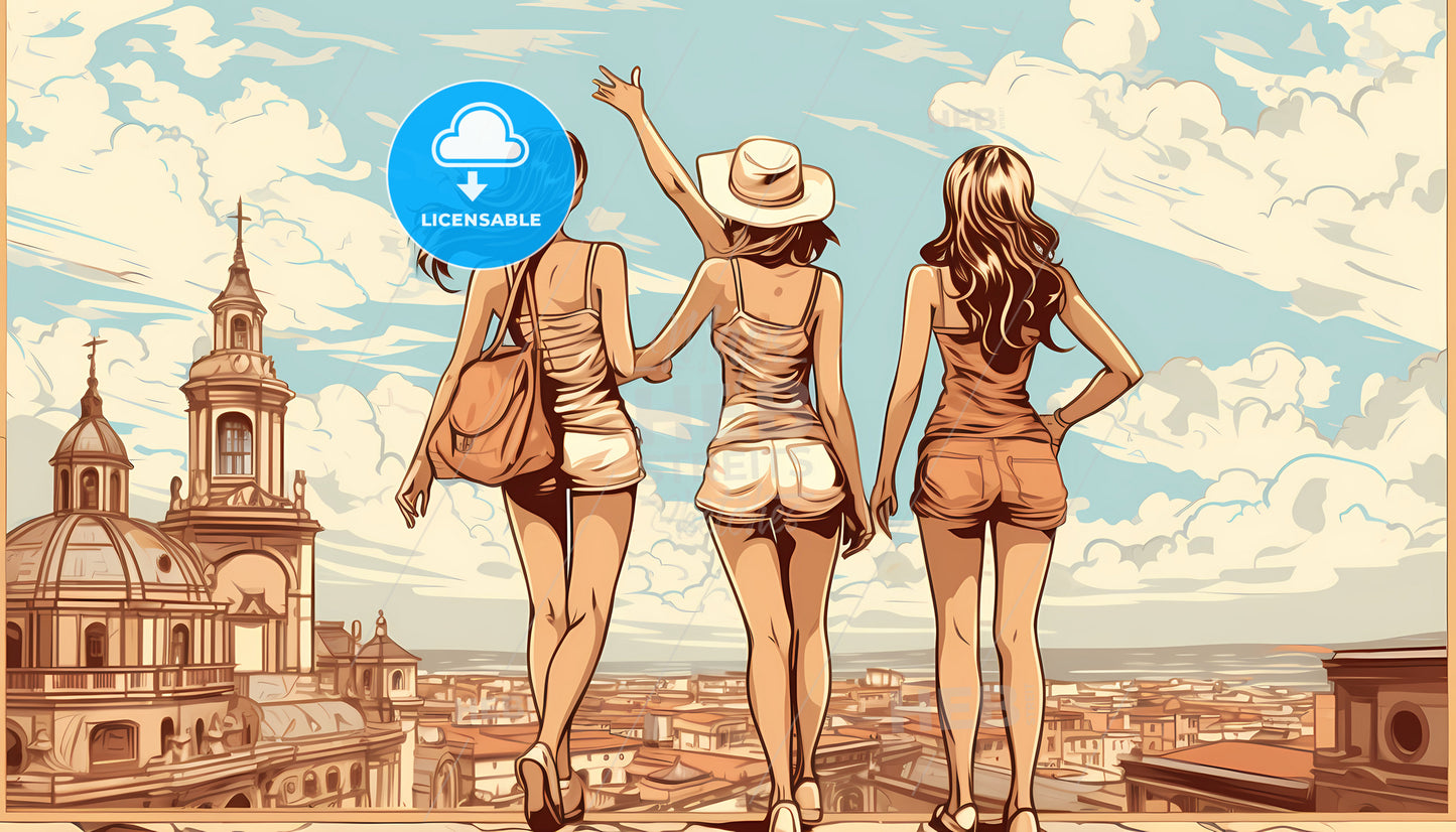 A Group Of Women Standing On A Ledge Looking At A City