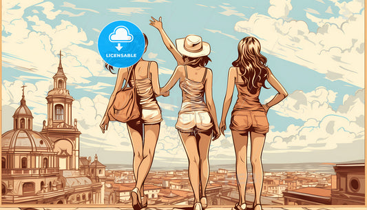 A Group Of Women Standing On A Ledge Looking At A City