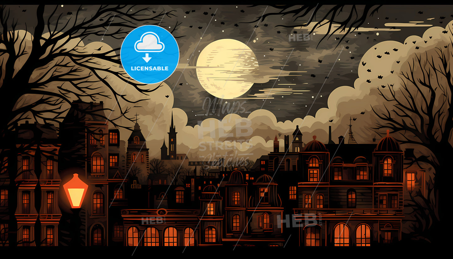 A City With A Full Moon In The Sky