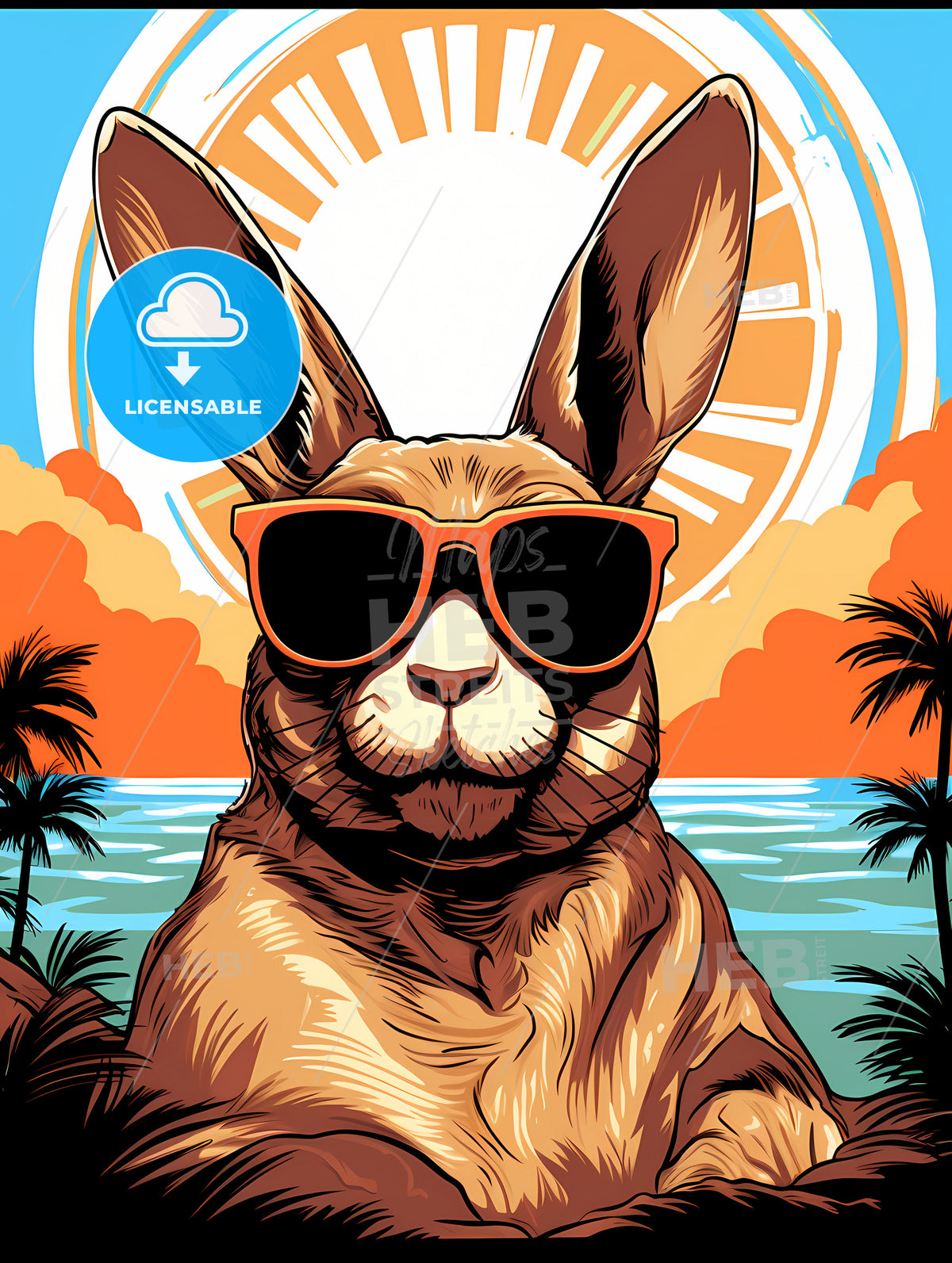 A Rabbit Wearing Sunglasses And A Sunset - HEBSTREITS Stock Image