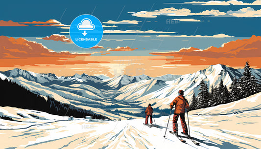 A Couple Of People Skiing On A Snowy Mountain