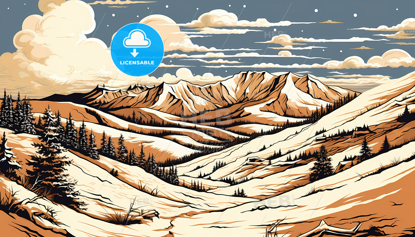 A Mountain Landscape With Trees And Snow