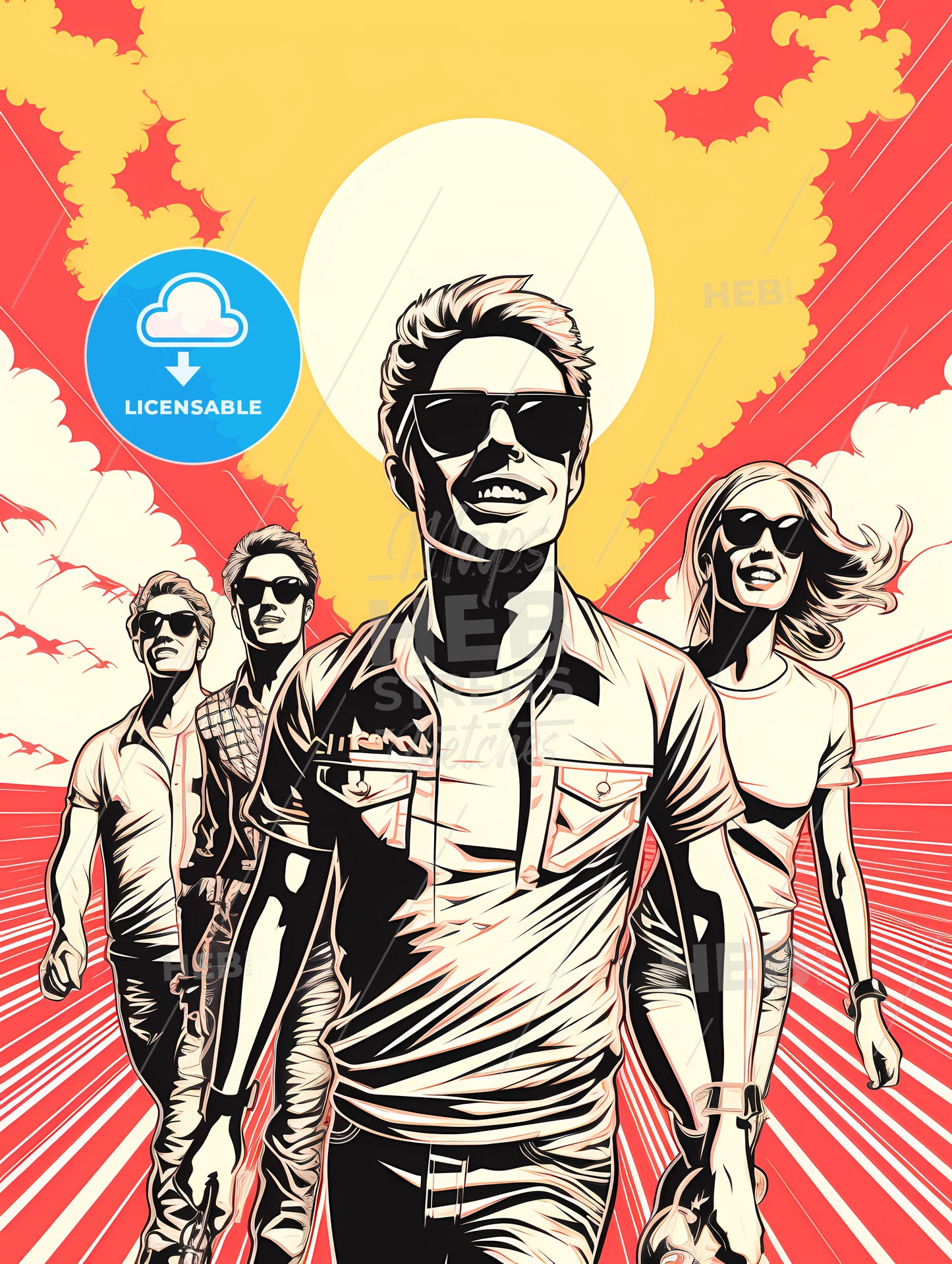 A Group Of People Walking In Front Of A Sun