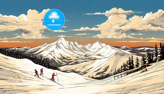 A Group Of People Skiing On A Snowy Mountain