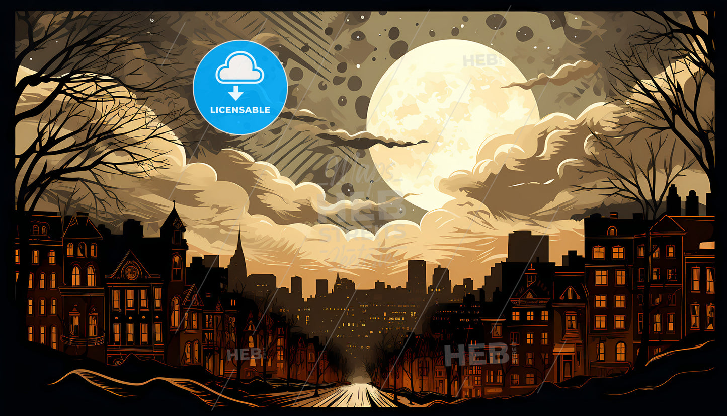 A Cityscape With A Full Moon