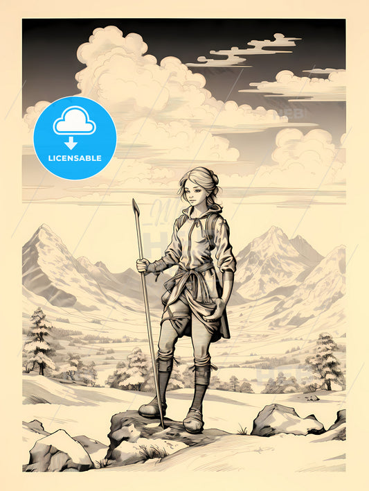 A Woman Standing On A Rock With A Spear